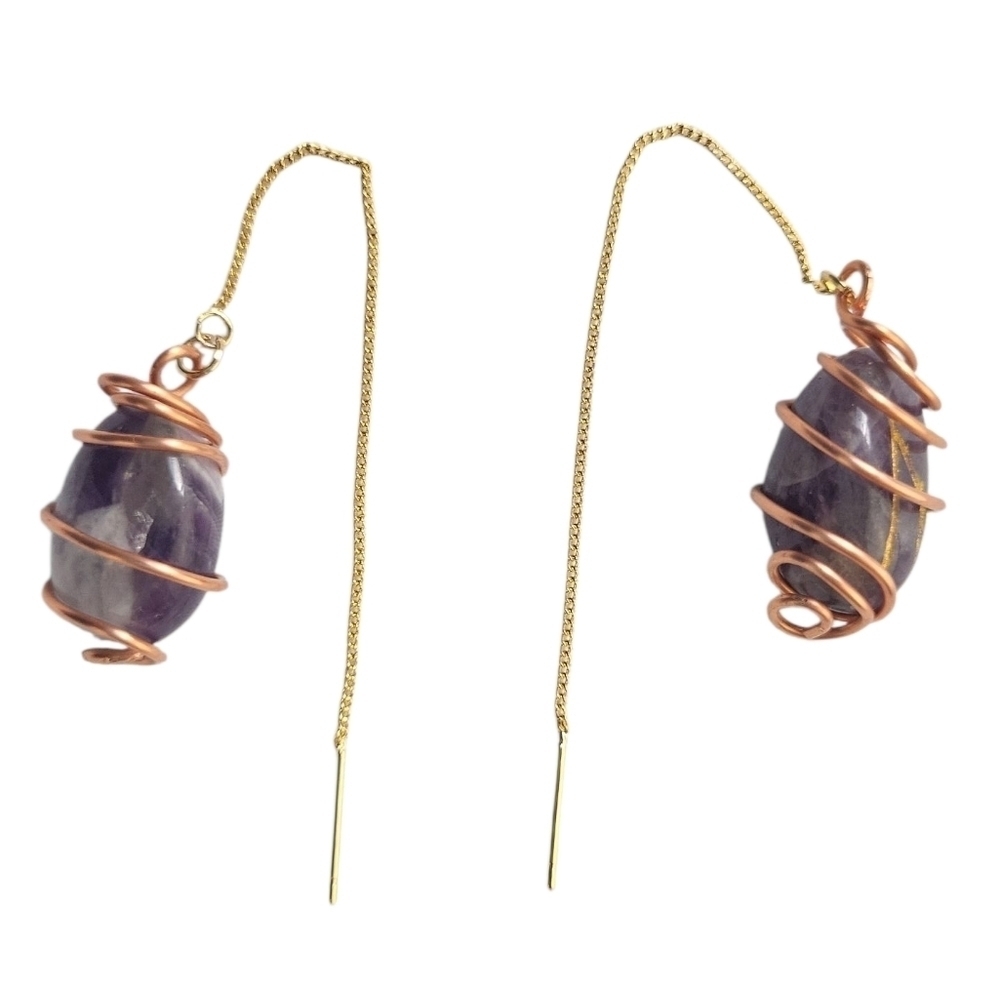 18K Gold Plated Amethyst Threader Earrings Dainty Crystal Drop Jewelry - Picture 2 of 3